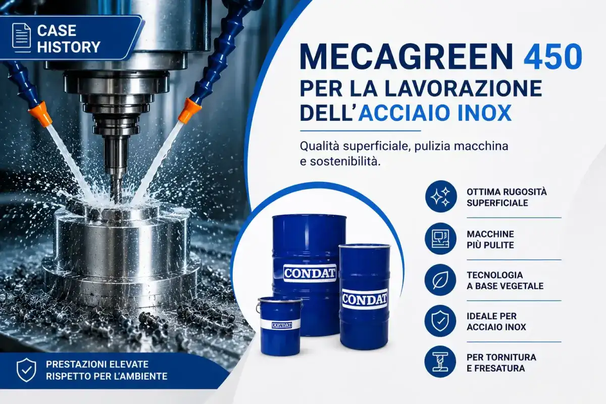 MECAGREEN 450 utilizzato nella lavorazione dell'acciaio inox per tornitura e fresatura